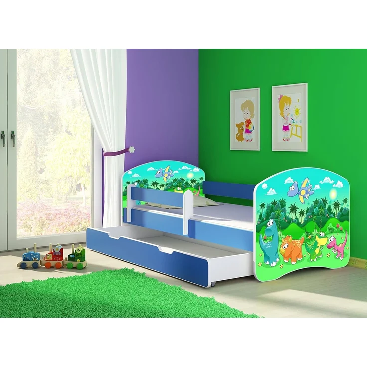 ACMA Kinderbett Jugendbett mit Einer Schublade und Matratze Blau mit Rausfallschutz Lattenrost II 140x70 160x80 180x80 (30 Dino, 160x80 + Bettkasten) – Bild 2
