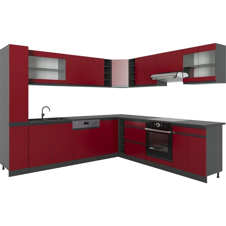 Eckküche R-Line Rot/Anthrazit 277 x 257 cm J-Shape, ohne Arbeitsplatte Vicco – Bild 1