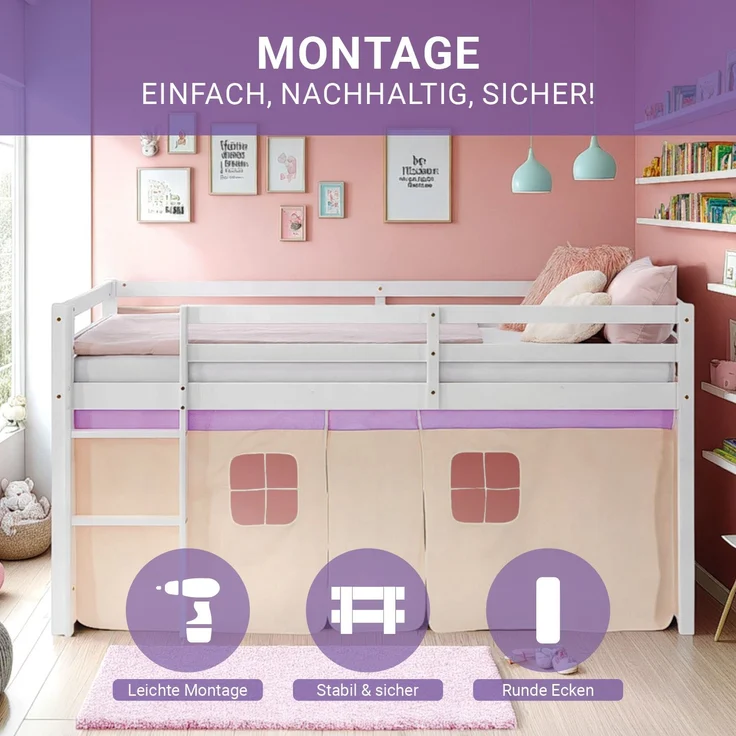Hochbett Kinder 90x200 cm mit Matratze Kinderbett Kinderhochbett Stockbett Vorhang Lila Beige Holz Massiv Lattenrost – Bild 5