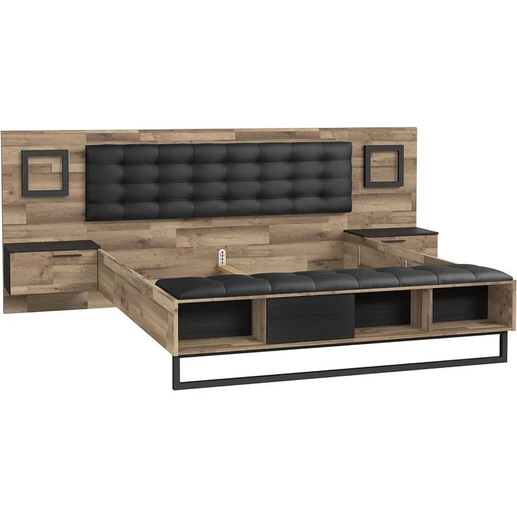 FORTE JAKOBINA Bett mit Nachtkommoden und 2 Schubladen und 1 Tür, Liegefläche 180x200 cm, Holzwerkstoff, Planked Eiche / Schwarzeiche, 296.8 x 119.7 x 234.5 cm – Bild 3