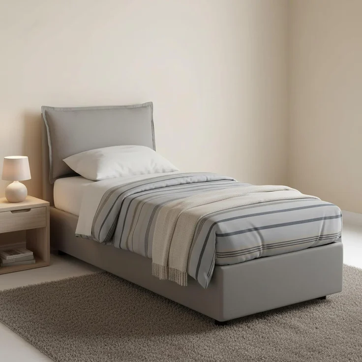 Talamo Italia - Einzelbett Carolina, Bettkasten mit Stoffbezug, 100 % Made in Italy, Öffnung vorne, inklusive Matratze 80 x 190 cm, Grau – Bild 1