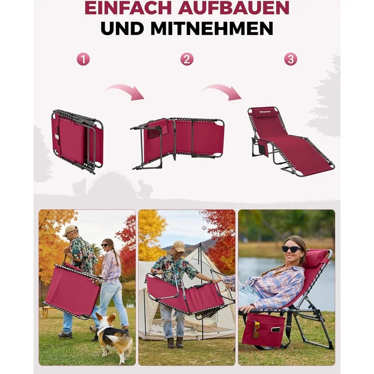 KingCamp Campingliege Sonnenliege Gartenliege klappbar 5-Stufig Verstellbarer Rückenlehne Liege Gartenstuhl Strandliege Camping Klappbett mit Kopfkissen für Garten Urlaub Outdoor Strand Pool – Bild 7