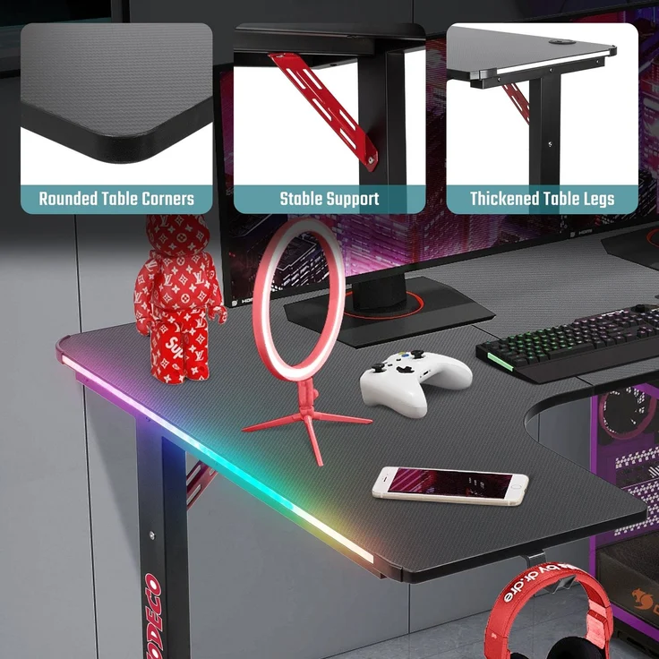 Todeco L-förmiger Gaming-Computertisch mit LED-Leuchten, Eckschreibtisch 140 x 100cm Gaming Schreibtisch, PC Tisch Gaming mit Kohlefaseroberfläche, mit Kopfhörerhaken Getränkehalter – Bild 5