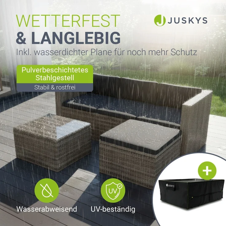 Juskys Polyrattan Lounge Punta Cana M grau-meliert inkl. Abdeckung – Gartenlounge für 3-4 Personen – Sitzgruppe mit Sofa, Tisch & Hocker - Sitzbezüge Dunkelgrau – Bild 2