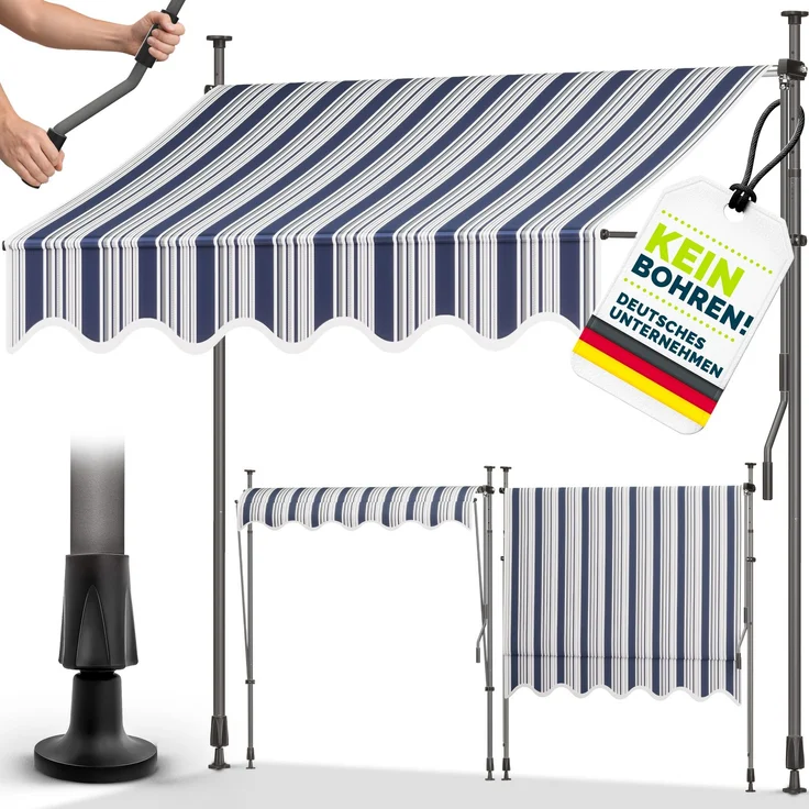 tillvex Balkonmarkise 150 cm Blau/Grau Gelenkarm Markise Klemmmarkise Sonnenmarkise Balkon ohne Bohren – Bild 1