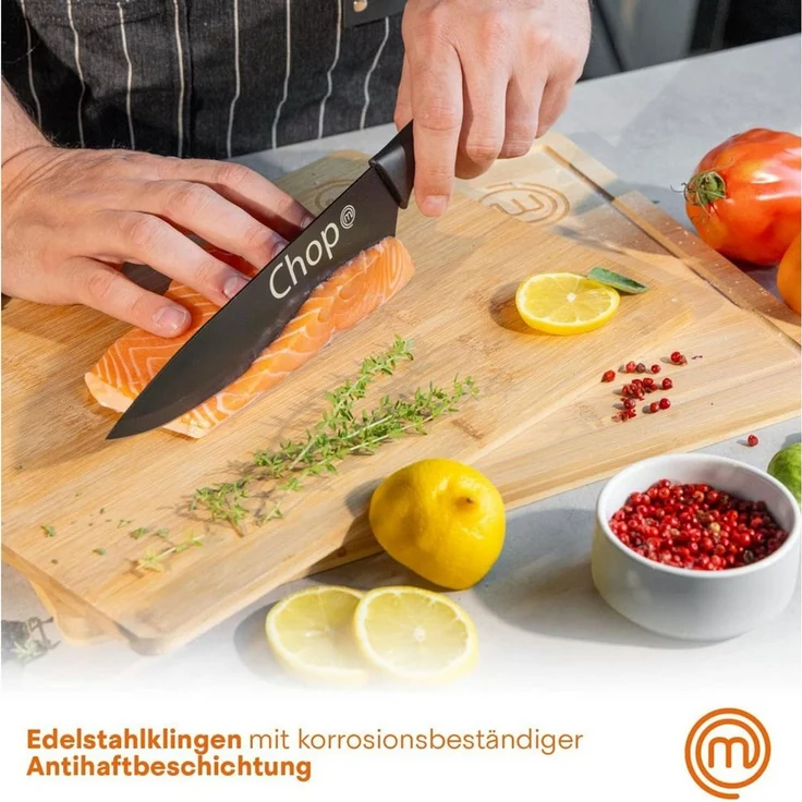 MasterChef Messer Set, Messerset mit Küchenmesser, Kochmesser, Brotmesser, Schälmesser & Allzweckmesser, Schneidemesser Küche Set, Scharfe Messer mit Edelstahlklingen, Softgriff, 5-teilig, Schwarz – Bild 4
