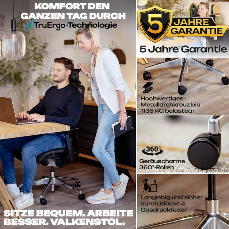 VALKENSTOL M6 MESH-SITZ Bürostuhl ergonomisch bis 1,95m - 5 Jahre Garantie - Schreibtischstuhl mit verstellbarer Sitztiefe - Lordosenstütze – Bild 5