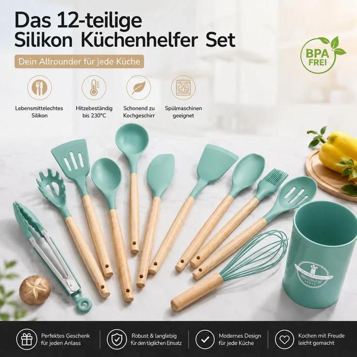 Küchenhelfer Set 12 Stück, Küchenutensilien, Kochbesteck, Hitzebeständig, Türkis – Bild 2