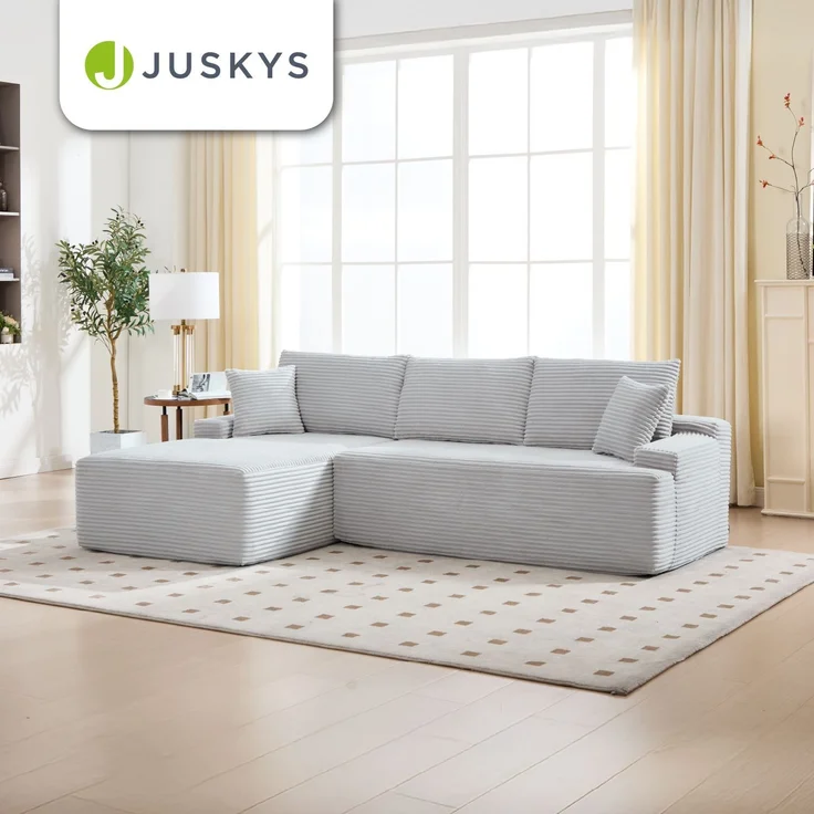 Juskys Sofa Coredo - modernes Cord Sofa mit Ottomane links, gemütliche Couch mit Schaumstoffpolsterung, Cordbezug & Kissen, modular - Hellgrau – Bild 7