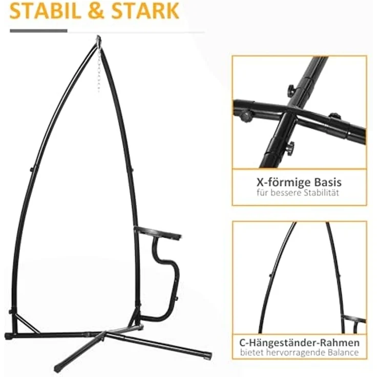 Outsunny Hängemattengestell mit Federhaken, Tablett, (Metall Ständer, 1-St, Gestell für Hängesessel), für Indoor Outdoor Balkon Schwarz – Bild 3