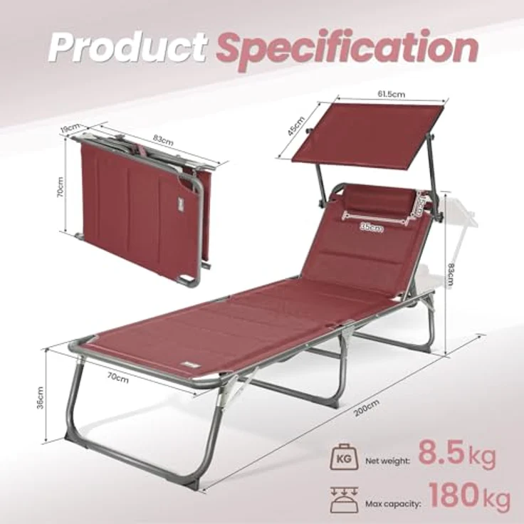 Homecall Sonnenliege mit Dach, schnell trocknendem Schaumstoff, XXL, 200x70 cm - (Rot) – Bild 3