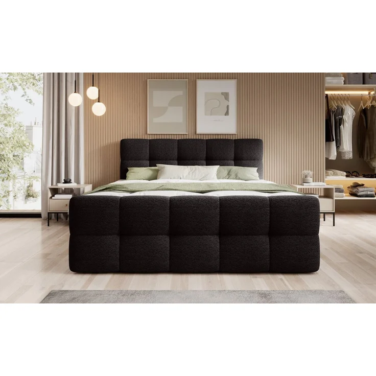 thematys Boxbett mit Bettkasten 140x200cm, mit Bonnellfederkernmatratze H3, Bouclé/Velours, mit Stauraum, mit 3 cm Topper, Schwarz (Arena 19), Art.-Nr. S04GH0RGI0J – Bild 2