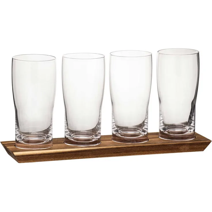 Ladelle Tempa Bier Verkostungs-Set Harvey, 5-teilig mit 4x transparenten Biergläsern und Akazienholz-Servierbrett