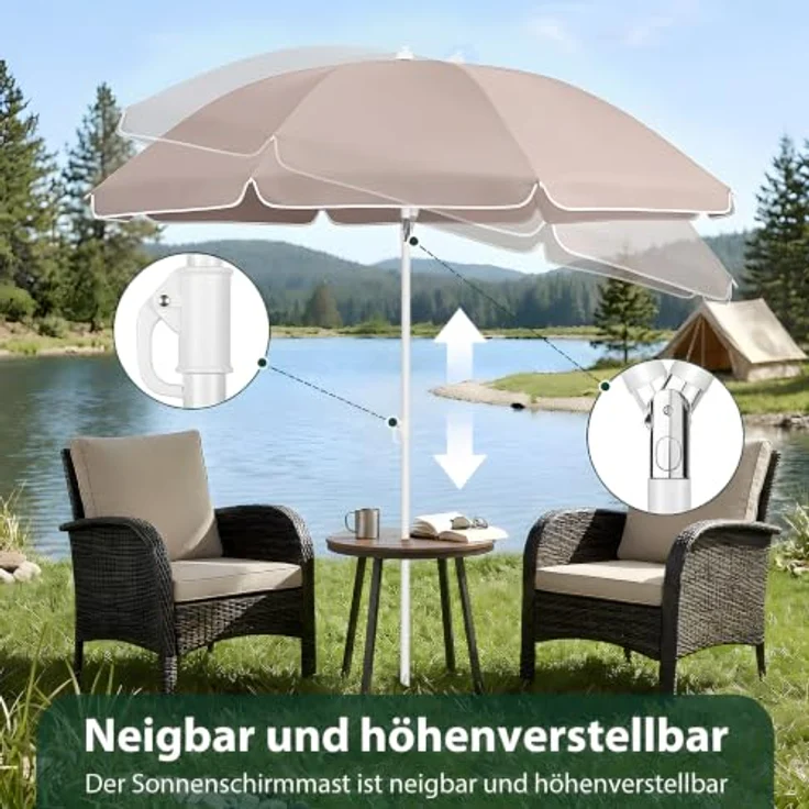 SUNULA Sonnenschirm 160 cm, knickbar mit Bodenhülse & Schutzhülle, höhenverstellbar und neigbar, UV-Schutz 50+, weiß mit silbernem Mast – Bild 3