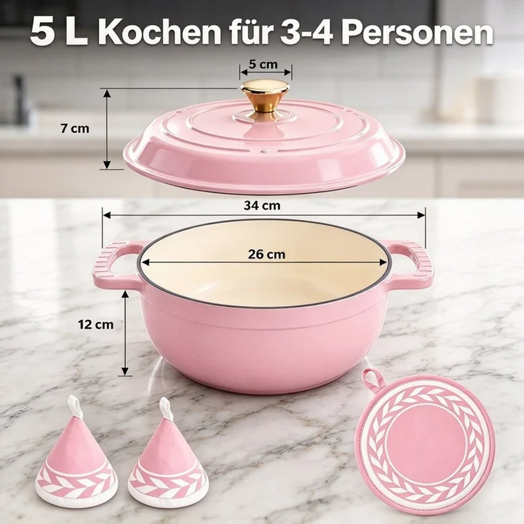 VINGLI Kasserolle Gusseisen Topf Dutch Oven Emaillierter Bräter Schmortopf mit Deckel, (Rund, 5 L), für alle Herdarten & Backofen backfest bis 260 °C – Bild 4