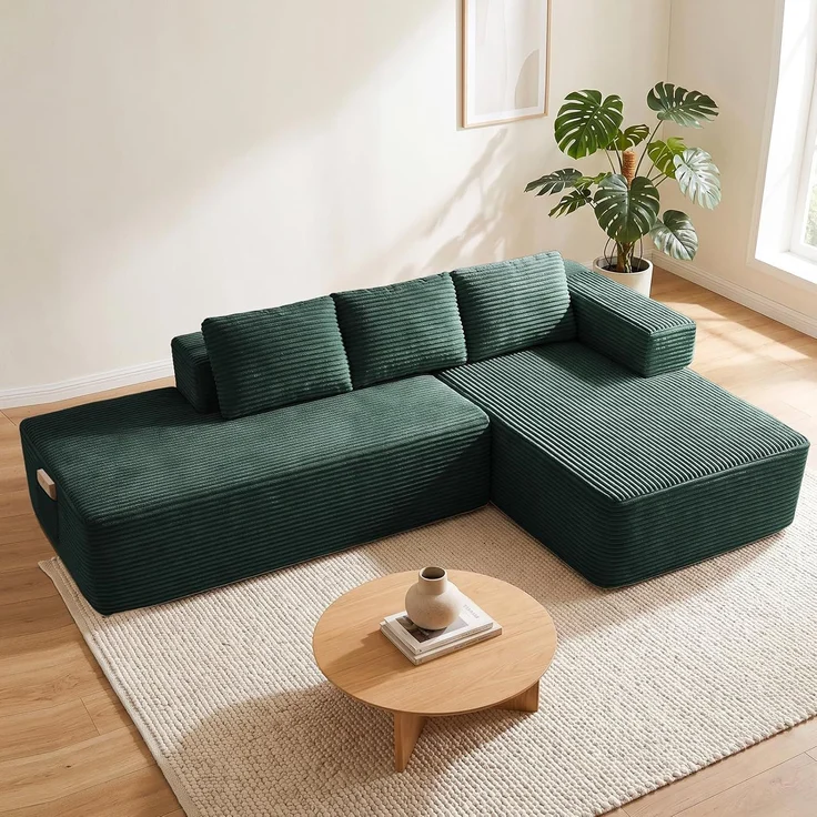 COMHOMA Ecksofa mit Schlaffunktion, 255cm Corduroy Modulares Boneless Couch mit Chaiselongue & Rücken-Metallgestell, L-Form Schlafsofa mit offenem Design, Kissen & Seitentaschen,für Wohnzimmer, Grün-L – Bild 1