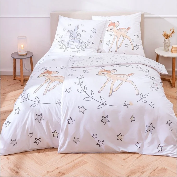 MTOnlinehandel Kinderbettwäsche "Stars" Bambi & Klopfer, Biber/ Flanell in 135x200 + 80x80 cm, Disney, 100% Baumwolle, 2 teilig, kuschelig weich für Herbst und Winter, Jungen und Mädchen, Sterne – Bild 1
