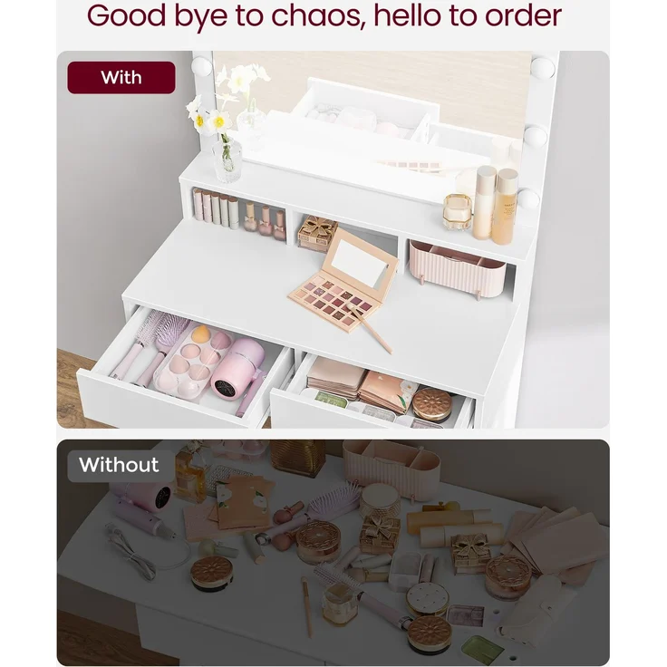 Vasagle Schminktisch mit 9 LED-Glühbirnen und Spiegel, Holz weiß, 140 x 80 x 40 cm – Bild 6