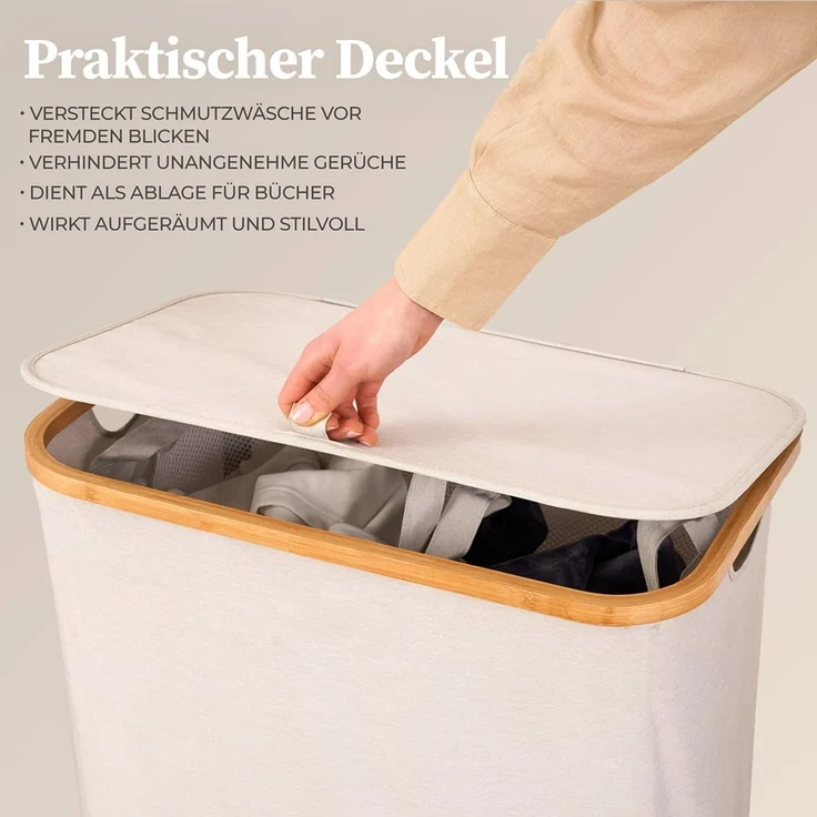 HENNEZ Wäschekorb Bambus mit Deckel 2 Fächer, 140L Wäschesack - Wäschesortierer Wäschebox Wäschetonne Wäschesammler – Bild 6