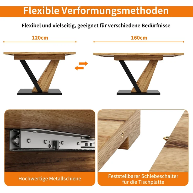 ausziehbarer Esstisch mit Holzmaserung MDF-Platte & Metallgestell, 120–160 cm Teleskop-Küchentisch mit Feststellschiene für Küche und Wohnzimmer – Bild 9