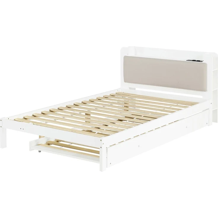 EINHOM Funktionsbett 120 × 200 cm Weiß mit Ausziehbett 90 × 190 cm, Holzbett mit gepolstertem Kopfteil, Kopfteilregal, Ladestation und offenem Stauraum, platzsparendes Gästebett (Ohne Matratze) – Bild 3
