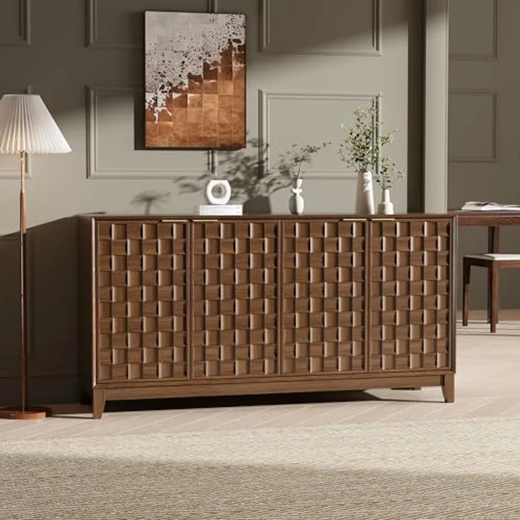 COLAMY Sideboard 150 cm Holz mit Stauraum – Modernes Sideboard für Wohnzimmer, Küchenschrank mit verstellbaren Einlegeböden, Buffet Schrank mit 3D Holzfront, Walnut – Bild 3