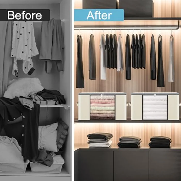 GoMaihe 90L Aufbewahrungstasche 8 Stück, Aufbewahrungsbox mit Deckel Groß Verstärkte Griffe, Kleidung Umzugskartons für Bettdecken, Unterbett Aufbewahrung Kleiderschrank Boxen Organizer Beige – Bild 4