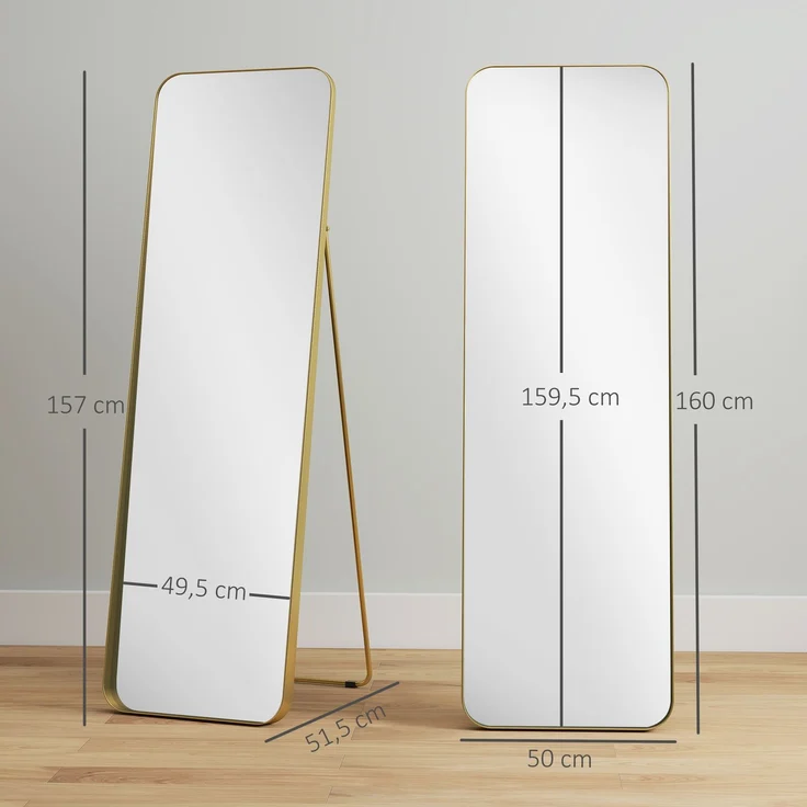 Ganzkörperspiegel, freistehend, neigbar, Metallrahmen, MDF, 160 x 50 cm, Goldfarben--Gold--50x6x160cm--YOUDENOVA – Bild 5