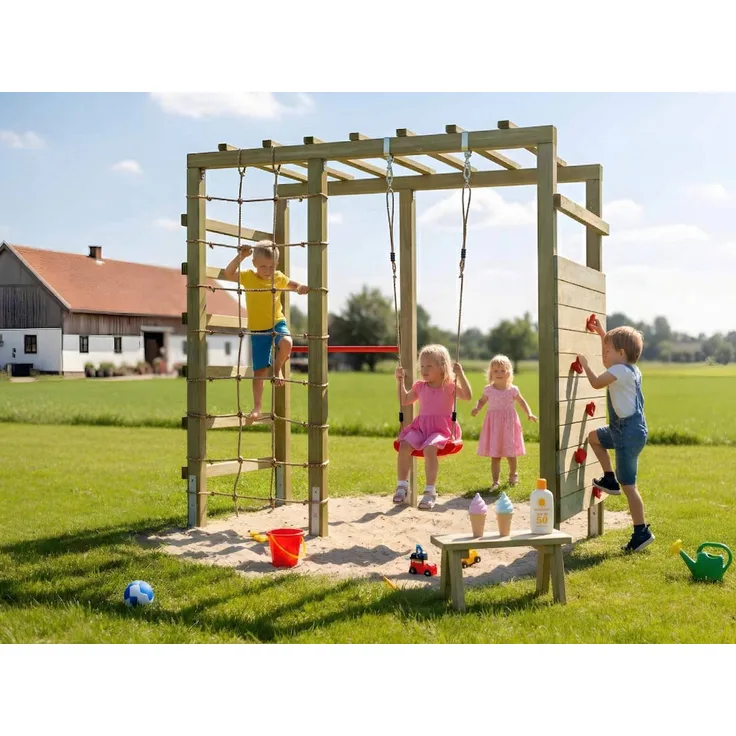 Belladoor Spielturm HANGO Leo Swing KDI, Klettergerüst aus Kiefernholz, inkl. Kletterwand und Schaukel, für Kinder von 3 bis 14 Jahren