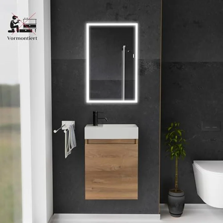 Alpenberger Badmöbel-Set Gäste WC Waschbecken mit Unterschrank - Badschrank Hängend, (Gäste WC Möbel Bamboo Farbe, Waschtisch mit Unterschrank Klein), Waschplätze für Kleine Bäder - Badschrank Hängend und Vormontiert – Bild 3