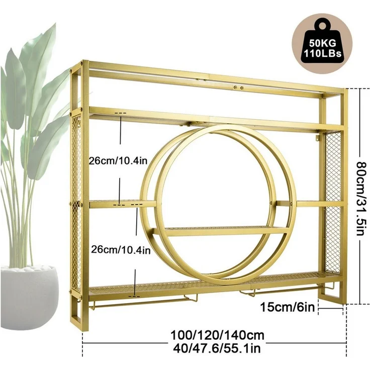 XIIW Weinregal 140 x 80 x 15 cm 3 Ebenen Wandmontage Metall Flaschenregal Weinhalter Gold, 30 Flaschen Wein, Barregal Schwebende Regal mit Weinglashalter, für Küche, Esszimmer, Bar, Deko – Bild 2