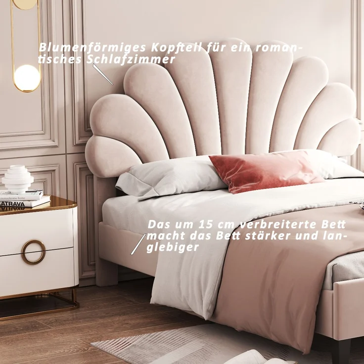 Polsterbett Doppelbett 140 x 200 cm, Bettrahmen mit blumenförmigem Kopfteil und Lattenrost, Erwachsenen-Jugendbett in hautfreundlichem Samtstoff, Gästebett Beige – Bild 9