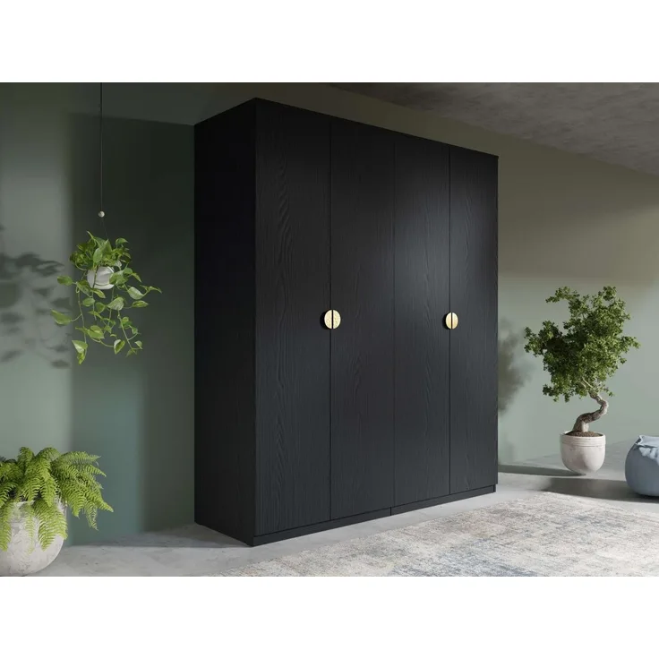 Leonique Kleiderschrank Kleiderschrank Bellot mit 4 Einlegeböden und 2 Kleiderstange Garderobe mit 4 Drehtüren und goldenen Griffen, BxTxH 180x59x209 cm