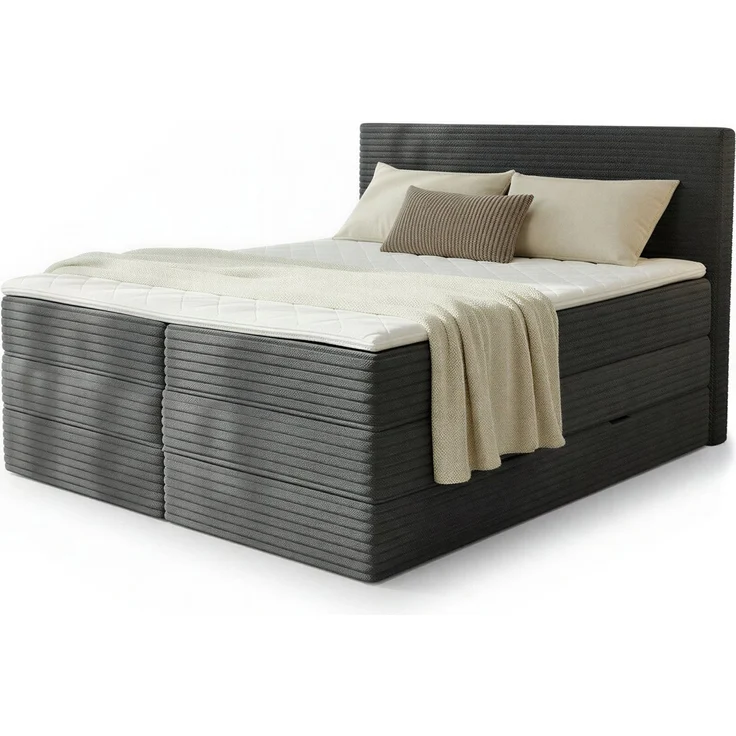 Boxspringbett Mollo XL mit 2 Bettkästen und Topper, mit Taschenfederkern- und Bonellfederkernmatratze, Doppelbett, Polsterbett aus Cordstoff mit Stauraum (Graphit (Tilia 90), 160x200 cm) – Bild 2