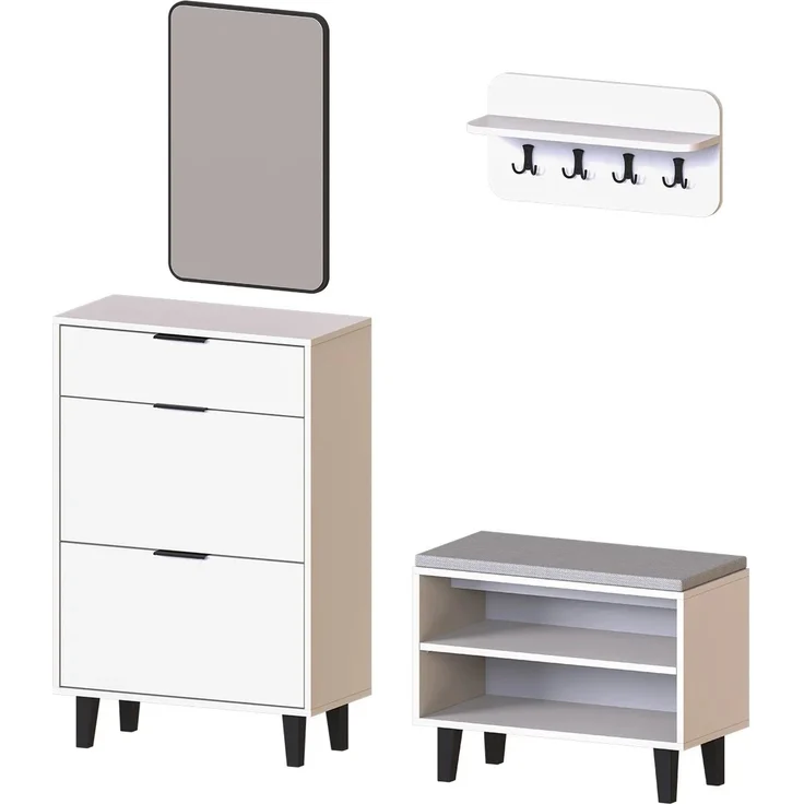 Roomart NORD Garderobenset 4-teilig – Schuhschrank, Sitzbank, Wandgarderobe & Spiegel – Flurgarderobe – H 112 x B 73.6 x T 35 cm (Schuhschrank) • Weiß – Bild 8