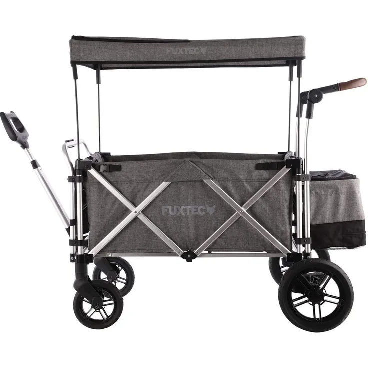 FUXTEC 'CTL-900' Luxus Bollerwagen in Grau Melange, inkl. Sonnendach, Hecktasche, Zugstange und Schiebegriff, gepolsteter Boden und Rückenlehne, 5-Punkt-Sicherheitsgurt und belüftetes Schuhfach