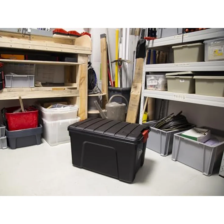 Iris Ohyama, große Kunststoff-Aufbewahrungsbox, 60 l Garagen-Aufbewahrungsbox, 3er-Set, SIA-60, schwarz, stapelbar, Verschlussklammern ? B59 x T39,5 x H35,5 cm – Bild 4