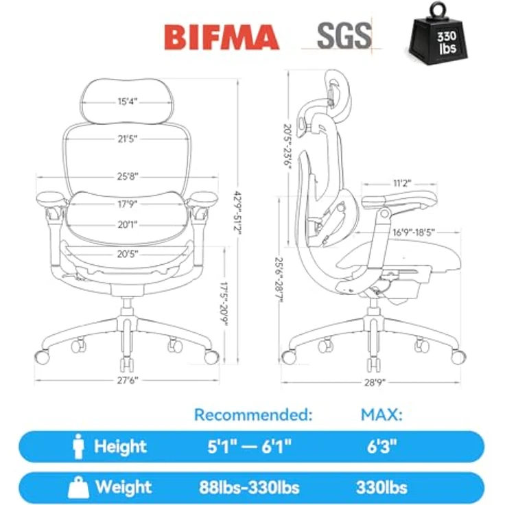SIHOO Doro C300 V2, Ergonomischer Bürostuhl mit Netzbezug, 8D-Armlehnen, drehbarer Lendenwirbelstütze, 3D-Kopfstütze, Sitztiefenverstellung, Neigungsmechanismus, schwarz – Bild 3