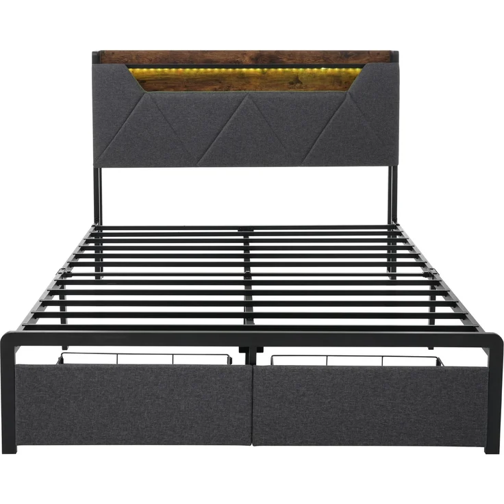 Bettgestell 160x200 cm mit LED-Kopfteil,Stauraum-Kopfteil & 2 Schubladen,Leinen Grau,USB & Typ-C Ladeanschlüsse – Bild 8