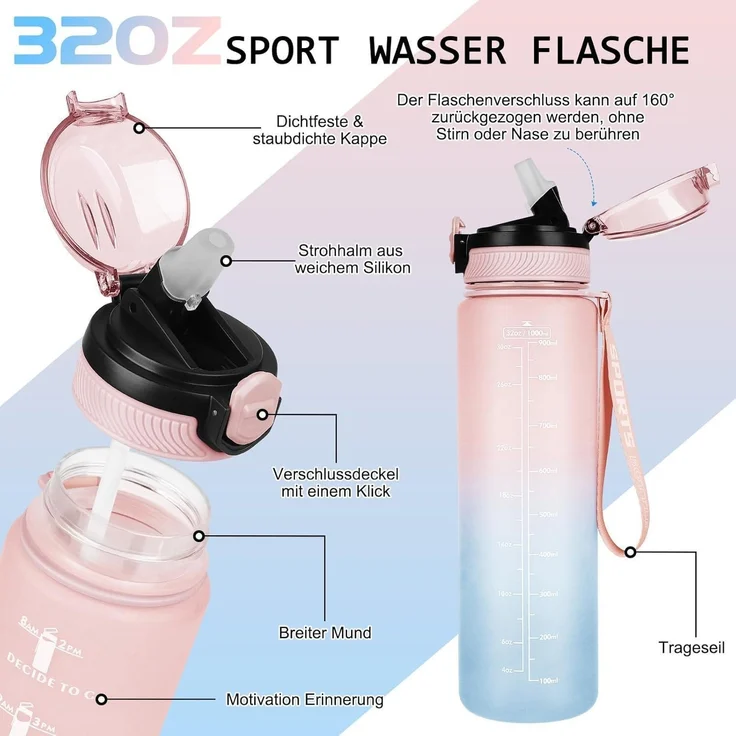 AOHAN Trinkflasche 1L BPA-frei Sport Wasserflasche mit Stroh und – Bild 2
