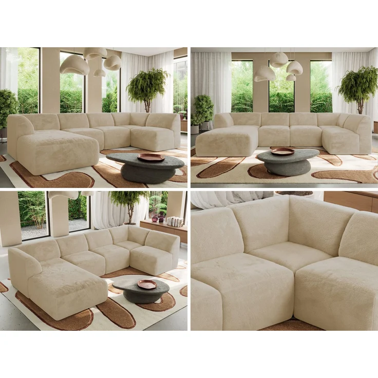 Modulares XXL-Ecksofa MODARO 5M, U-Form, Wohnlandschaft, 5-teilig, freistehend, Wohnzimmer Couch, HR-Schaumstoff - Creme Plüsch - Links – Bild 2