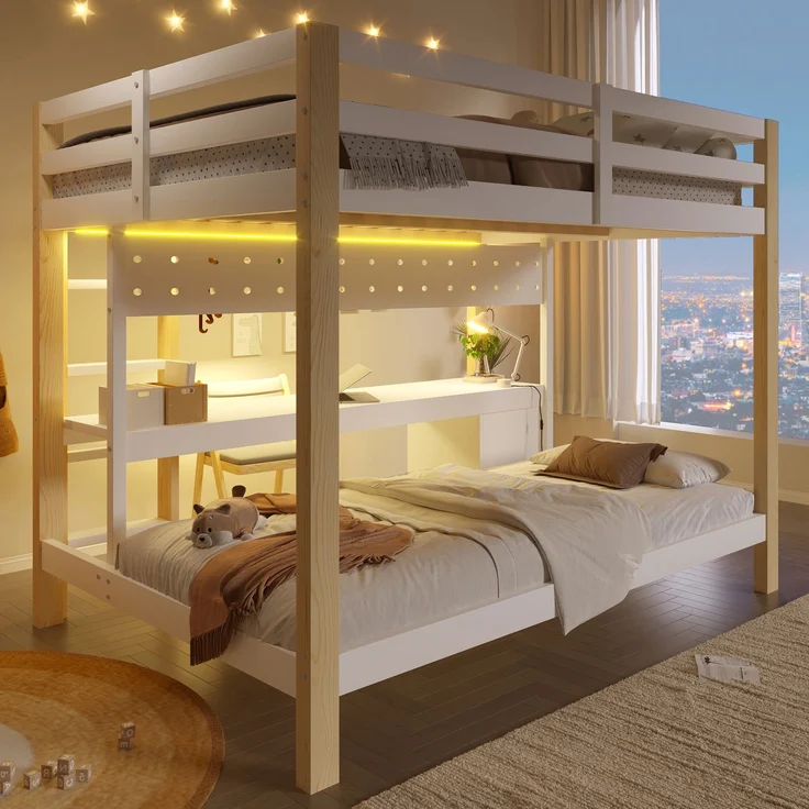 Merax Etagenbett, 90x200 cm & 140x200 cm, mit Schubladen und Schreibtisch, inklusive LED-Lichtleiste, (Keine Stühle), Natur – Bild 3