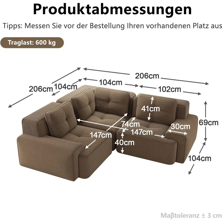 EINHOM Rahmenloses Sofa für das Wohnzimmer, Bürosofa, modulares Kombinationssofa, bequemes, gepolstertes Tiefsitzsofa aus Cordstoff, keine Montage erforderlich, rutschfestes Design. braun – Bild 2