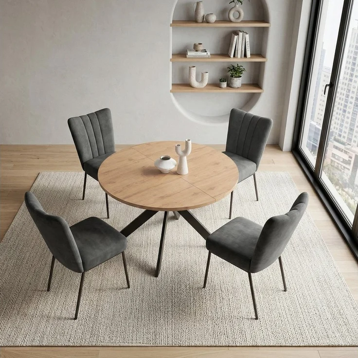 Jiexi Essgruppe Tisch- und Stuhlset, Runder Esstisch (115×75 cm) mit 4 Stühlen – Bild 2