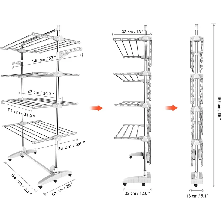Todeco Wäscheständer Turm Klappbar, Wäscheturm 4 Ebenen aus Edelstahlrohre, Turmtrockner mit 6X Rollen, Flügel, Obene Stange, Mobiler Turmwäscheständer für Balkon Wohnzimmer Badewanne, Weiß – Bild 5