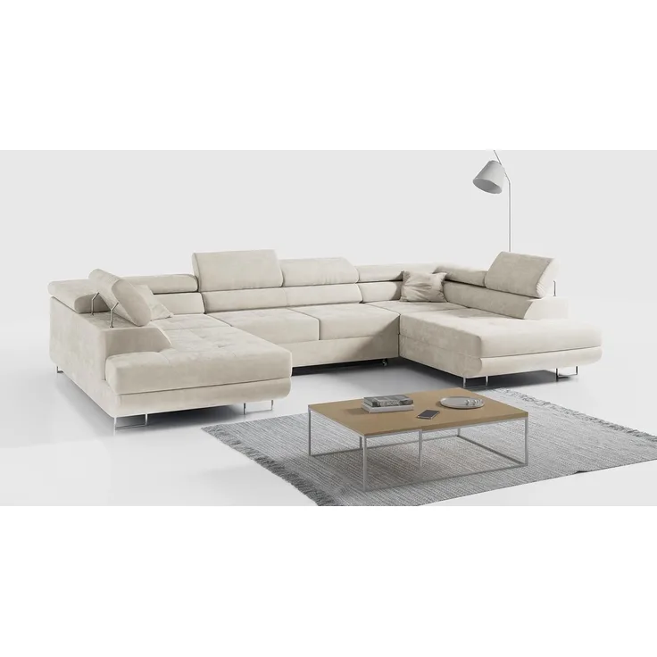 Ecksofa, Wohnzimmer U Couch, Polstersofa mit Bettkasten - GUSTAW-U - Hellbeige Velours