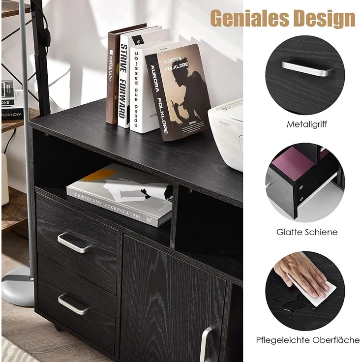 COSTWAY Rollcontainer mit 3 offenen Fächern, 2 Schubladen, Türschrank, frei beweglich, für Dokumente in DIN A4, Letter-Format, Drucker, Aktenschrank Holz schwarz – Bild 4