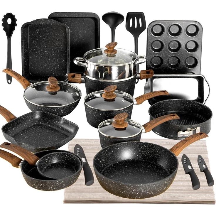 30-teiliges Induktions-Kochgeschirr-Set mit Granitbeschichtung & Glasdeckeln – Bild 1