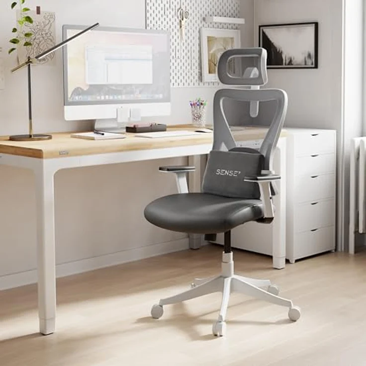 SENSE7 Bürostuhl Ergonomisch - FlowTech™ Schreibtischstuhl mit Verstellbarer Lordosenstütze & Kopfstütze für Arbeitstage - Atmungsaktives Mesh Ergonomischer Bürostuhl bis 150kg – Tone Weiß-Grau – Bild 2