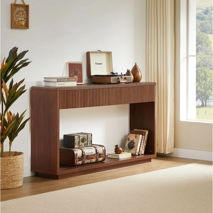 DESVIAE Sideboard Nussbaum aus Spanplatte/MDF – 150x85x35 cm – 2 Schubladen, offenes Ablagefach – Bild 3